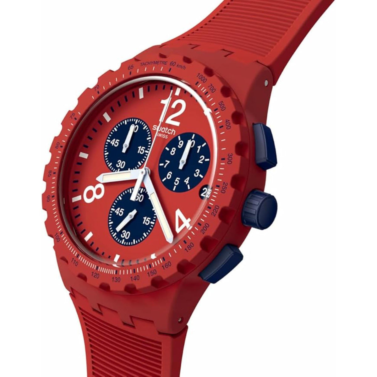Red chronograph watch close side view showing crown and blue subdials