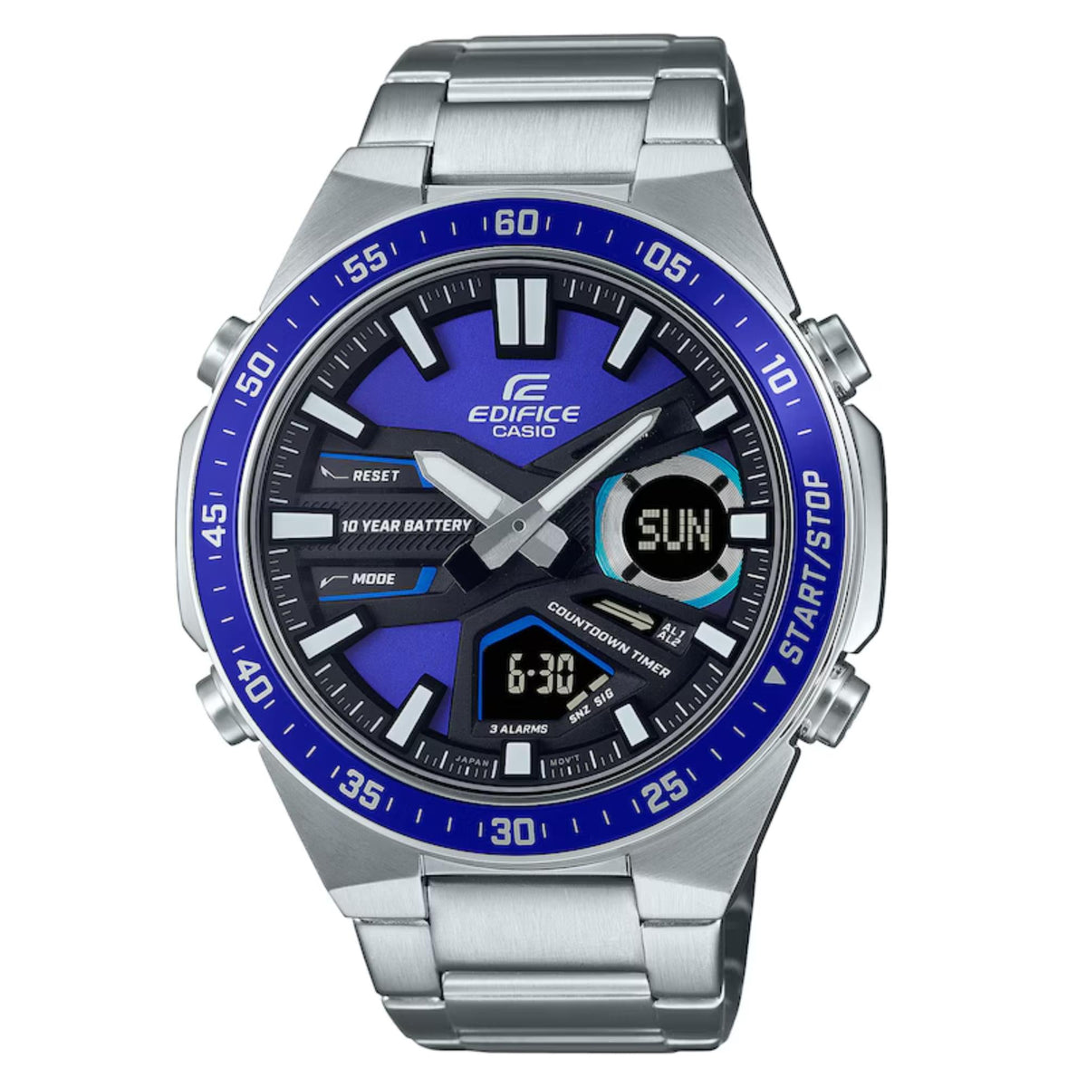 Front view men's stainless steel chronograph watch with blue dial and metal link bracelet