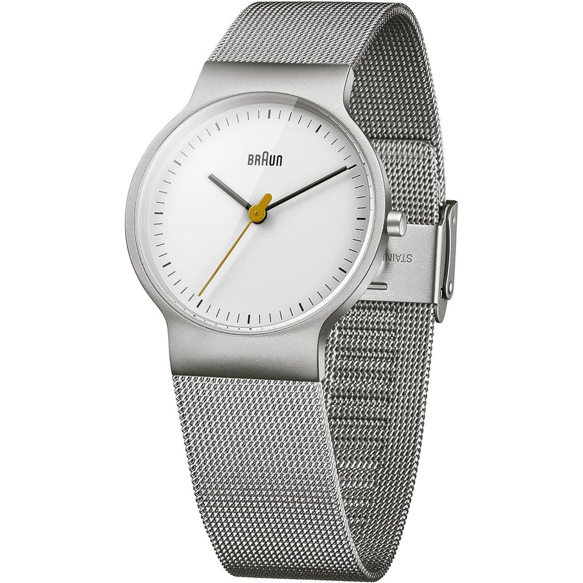 Ladies quartz watch side view with white dial and silver mesh band.