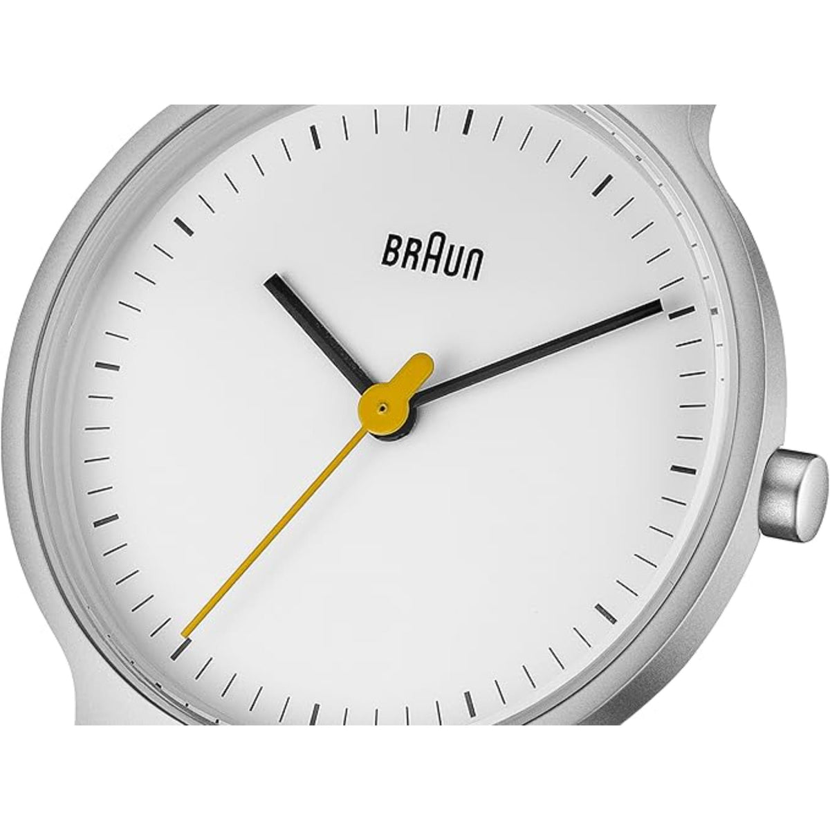Braun ladies quartz watch close-up: white dial with Braun logo, black and yellow hands