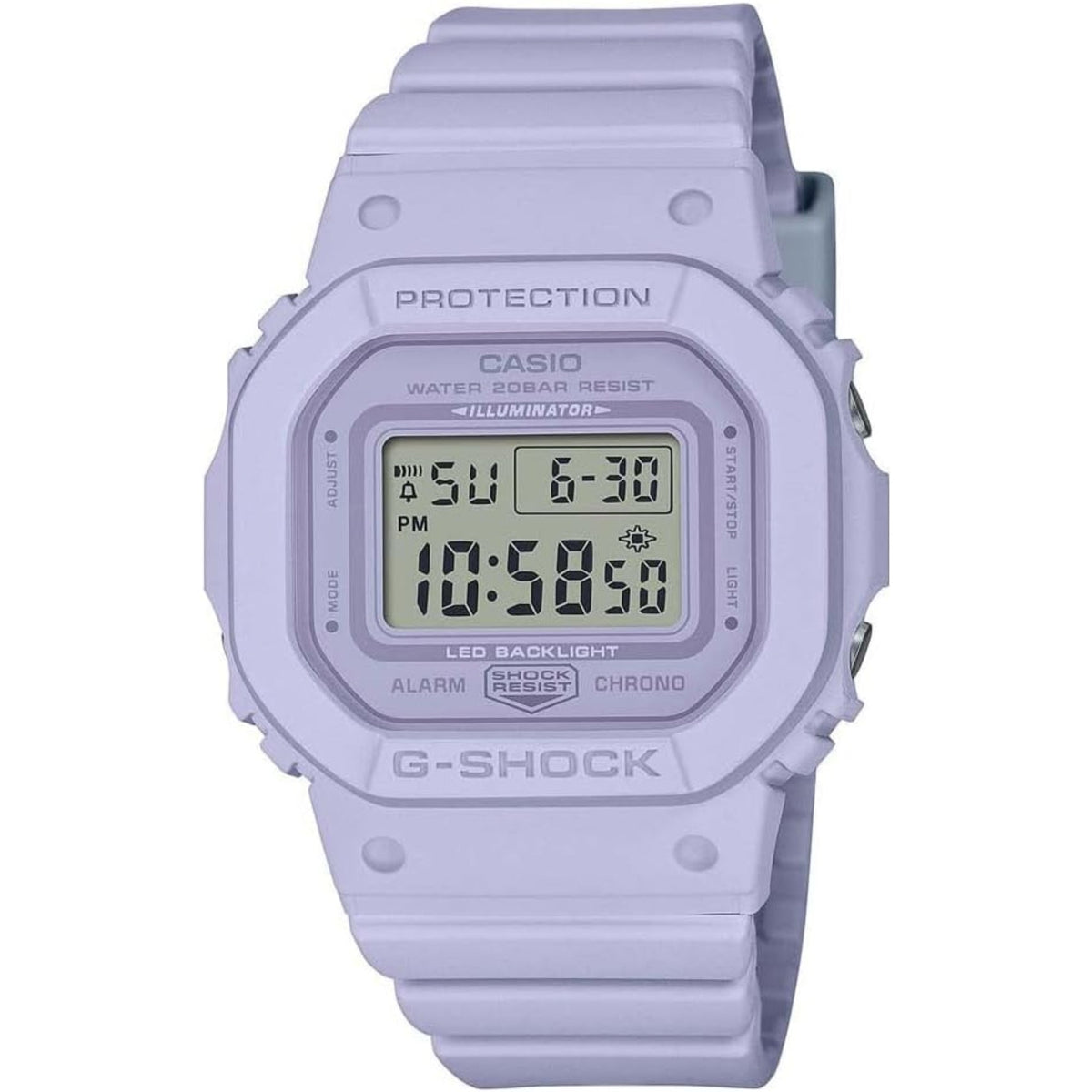 Lilac Casio G-Shock digital wristwatch, centered front view with resin strap and LCD