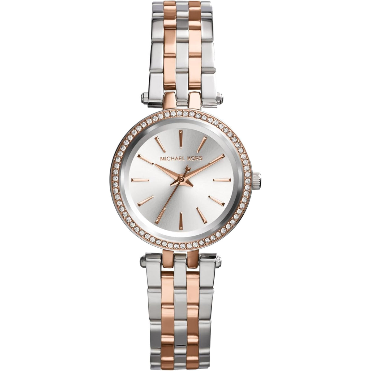 Two-tone stainless steel analog watch with silver dial, rose-gold markers, and rhinestone bezel