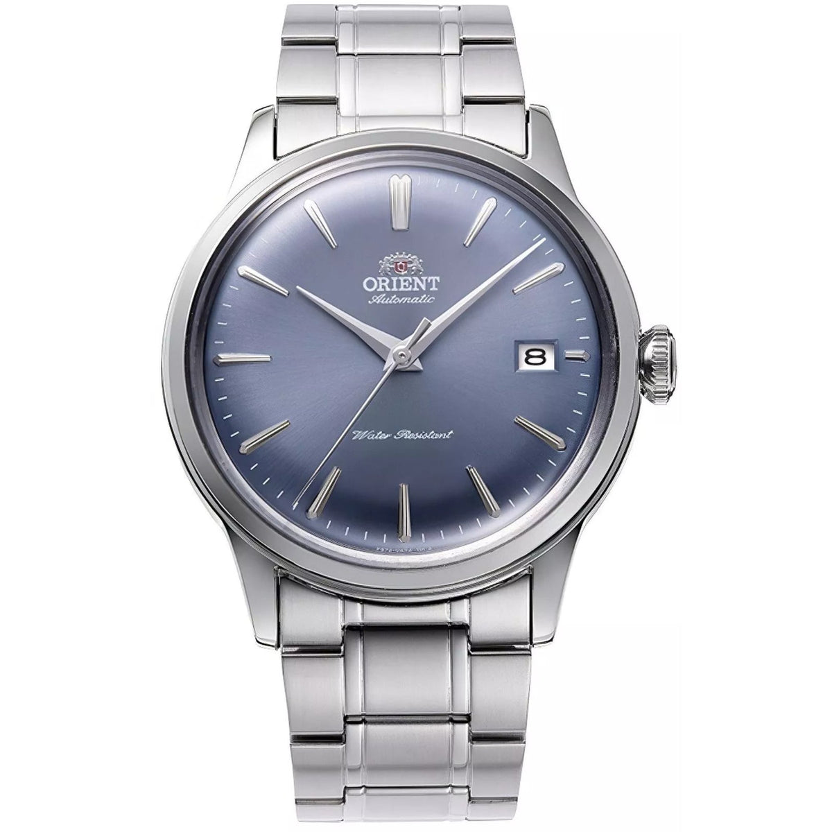 Orient Bambino 38mm Light Blue Dial Stainless Steel Bracelet automatic watch RA-AC0M10L30B front view