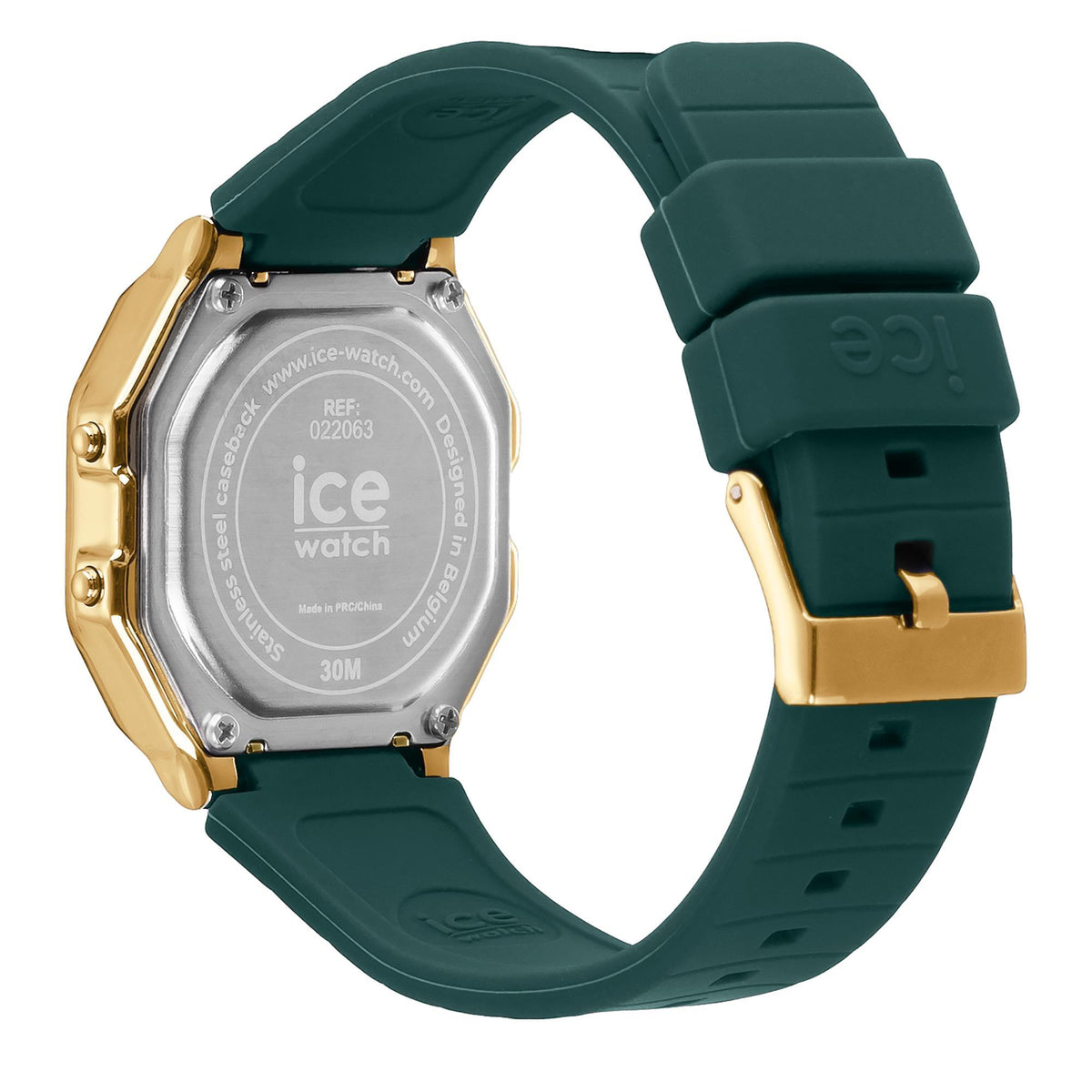 Digital women’s watch back view with dark green silicone strap and gold-tone side hardware.