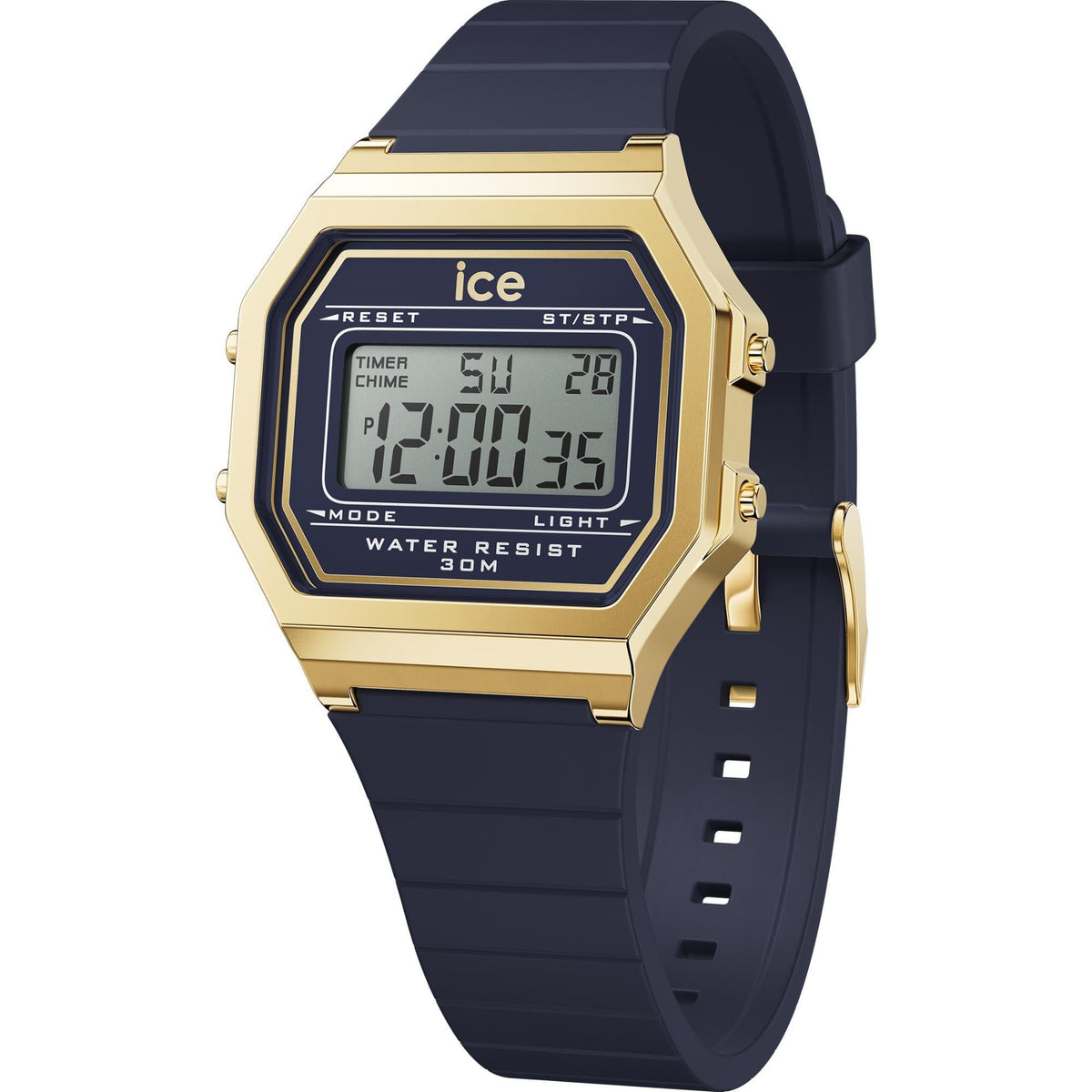 Women’s digital watch front close view: gold-tone bezel with LCD, dark blue silicone strap
