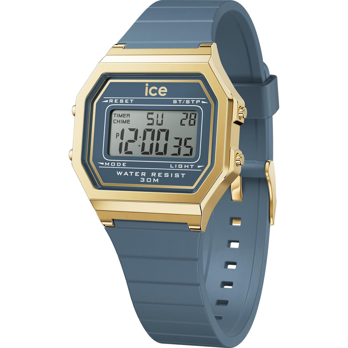 Women’s digital watch with LCD digits, gold-tone case, dark blue silicone strap