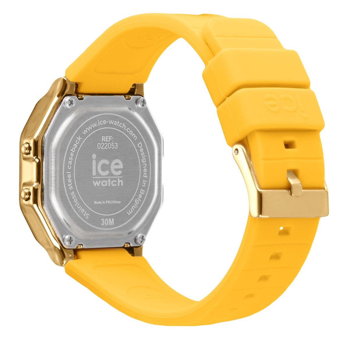 ICE digital ladies watch back view with Ref 022053 on silver case, yellow silicone band