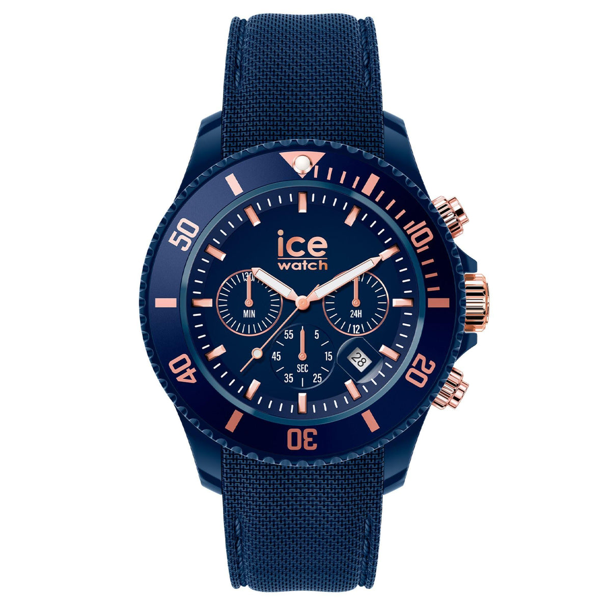 Men's chronograph watch angled front view with blue face and blue silicone strap, rose-gold bezel.