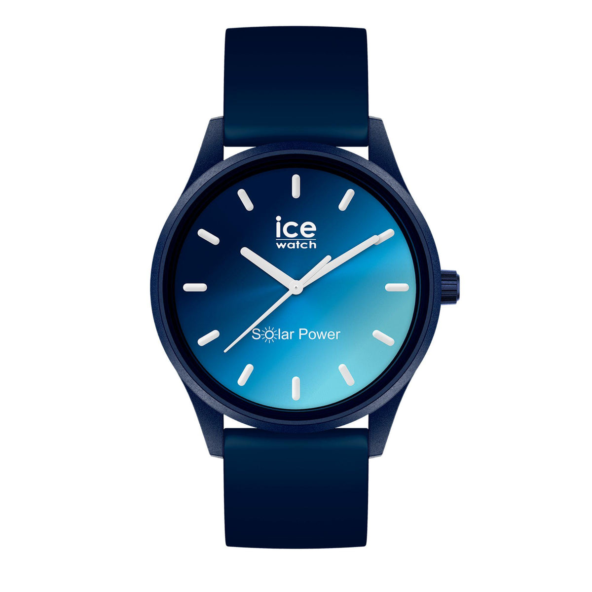 Blue solar power wristwatch, front view with silicone strap, markers, and slim hands