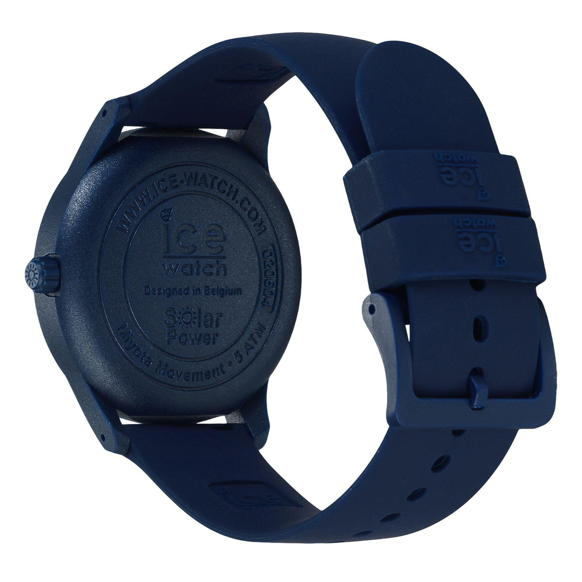 Blue solar power wristwatch caseback and strap, showing embossed branding details