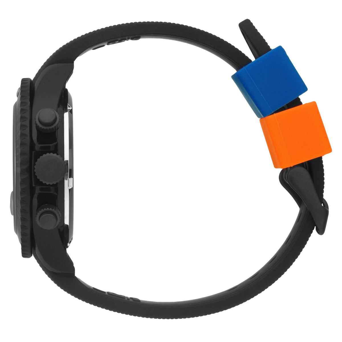 Black chronograph wristwatch side view with silicone strap and blue plus orange accents