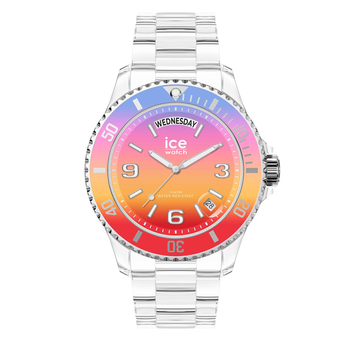 Clear silicone wristwatch with silver case; orange-red gradient dial with weekday text