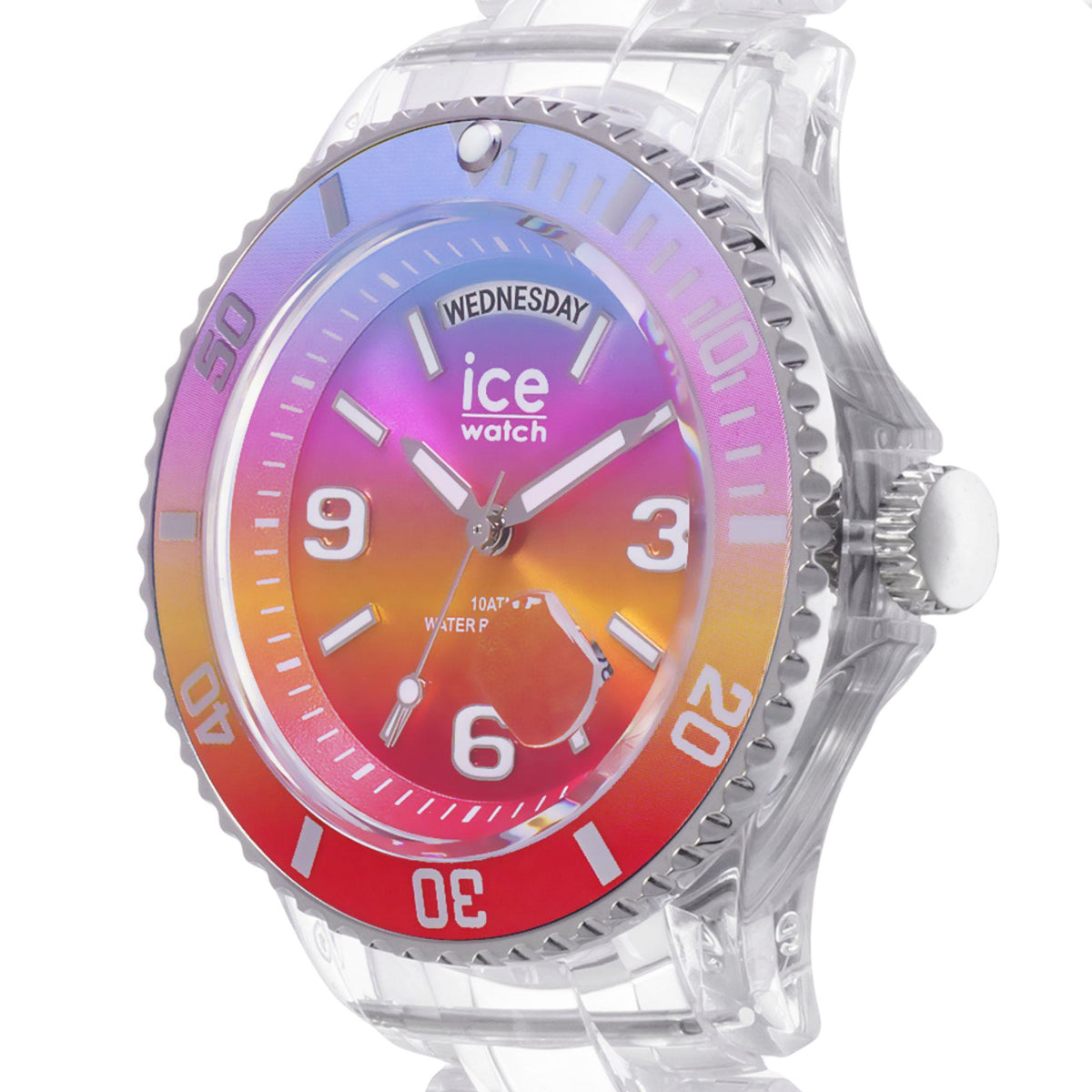 Transparent silicone watch with pink–orange–red dial, day/date, and luminous-style hands