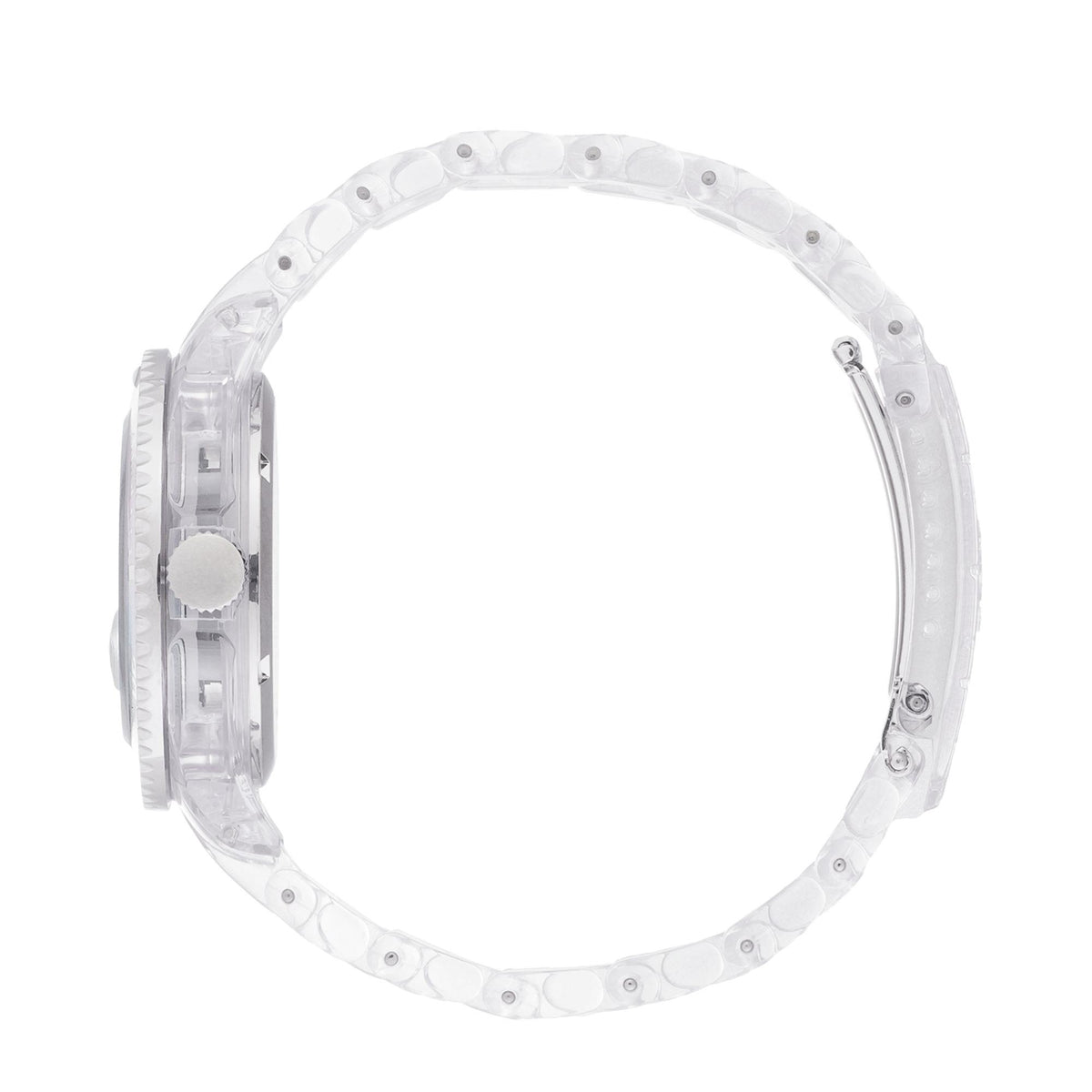 Transparent silicone strap watch with round case and side crown, clear link details