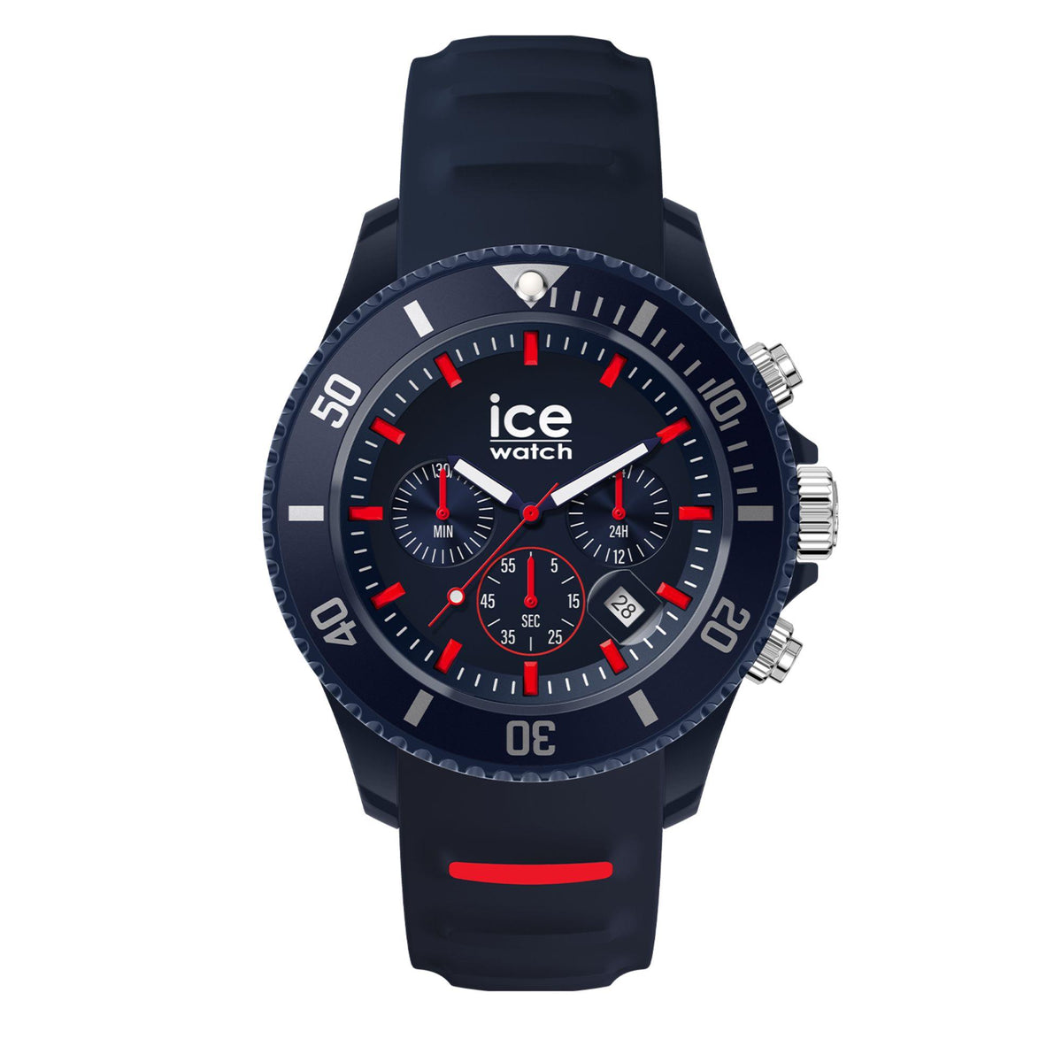 Chronograph watch front view: blue dial with red subdials and dark blue silicone strap