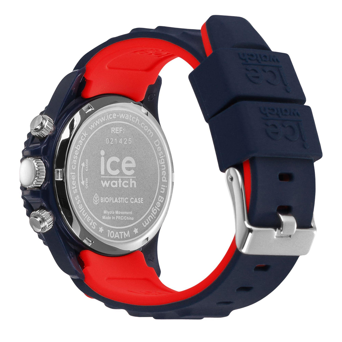 Chronograph watch case back close-up with REF 021425 text, dark blue and red strap