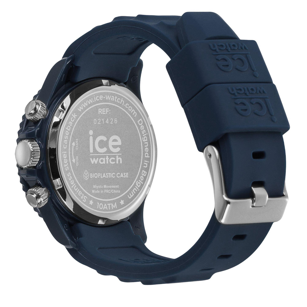 Blue watch caseback on silicone strap with REF 021426 markings