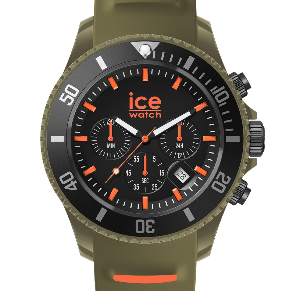 Khaki silicone chronograph watch front view with black dial and orange hour markers.