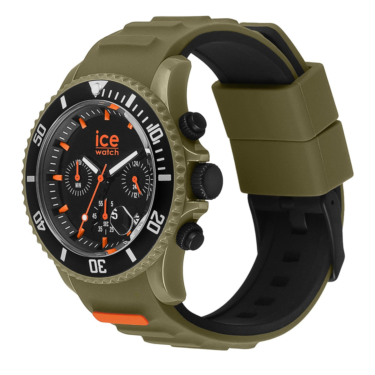 Khaki silicone chronograph watch side view; black dial with orange accents and subdials.