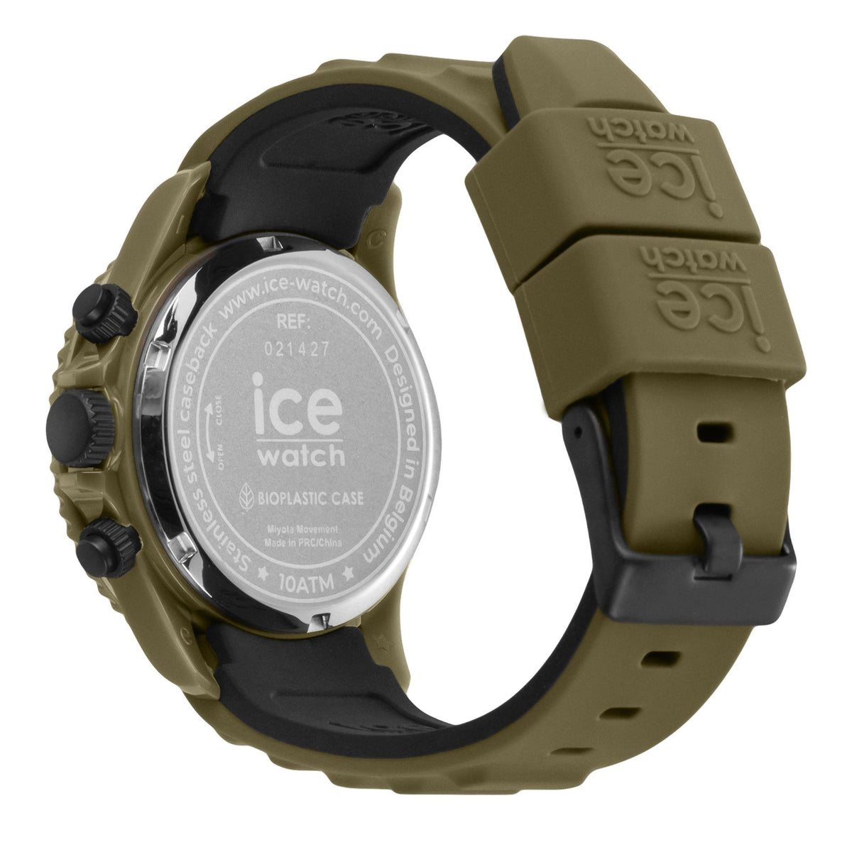 ICE Watch chronograph watch with khaki silicone strap underside and case back
