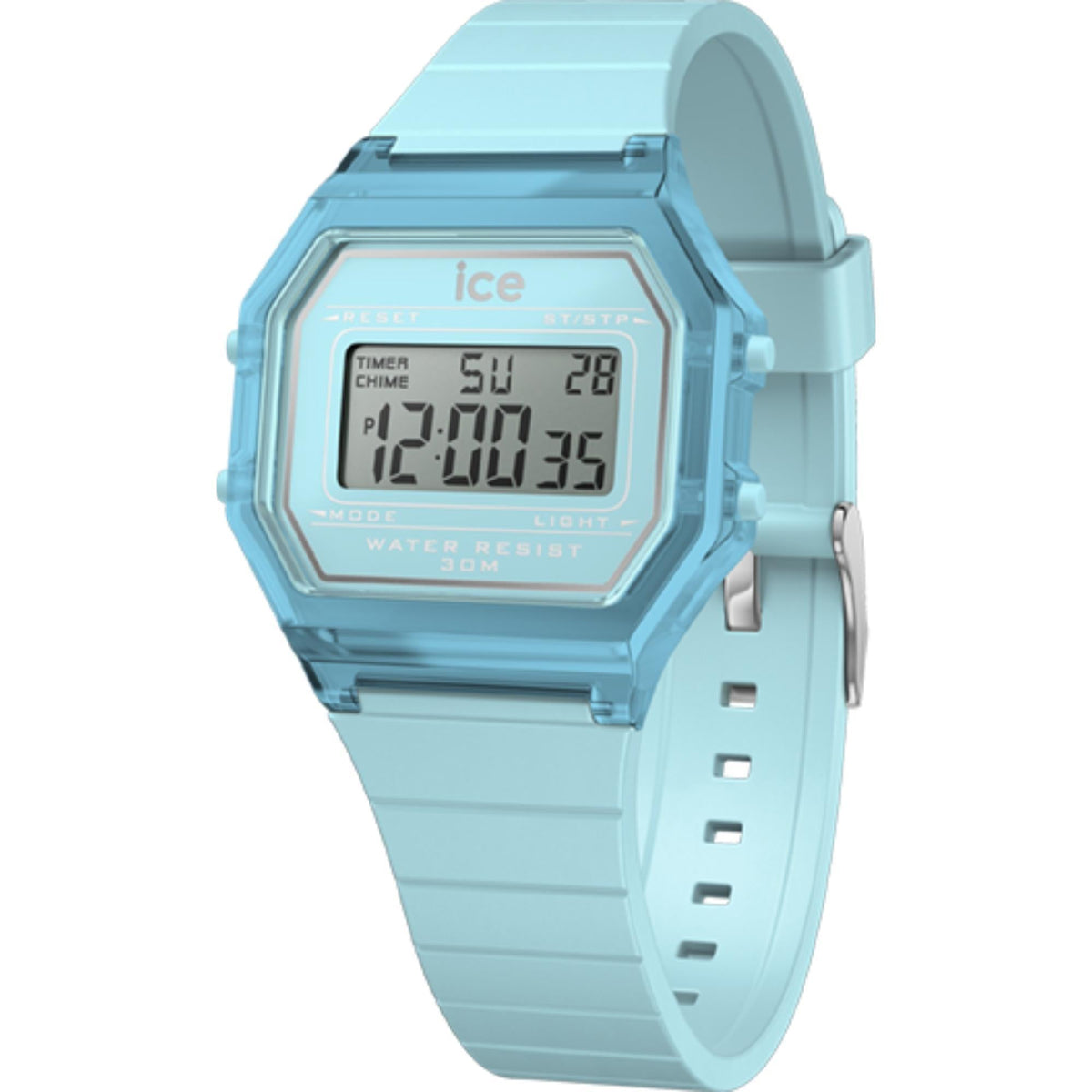 Men's sky blue digital watch on silicone strap, front view with LCD numbers