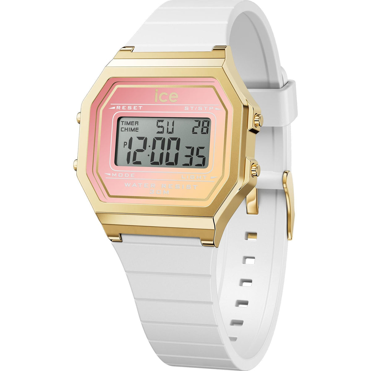 Women's digital watch with gold-tone case, pink LCD screen, white silicone strap