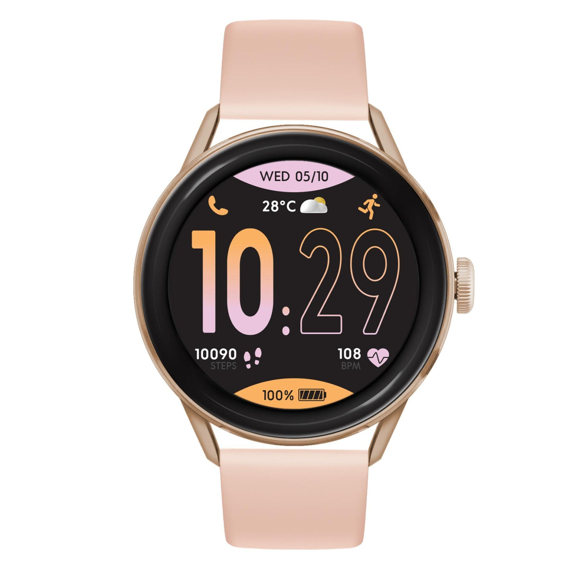 Nude silicone smartwatch band with rose gold bezel, round digital AMOLED face