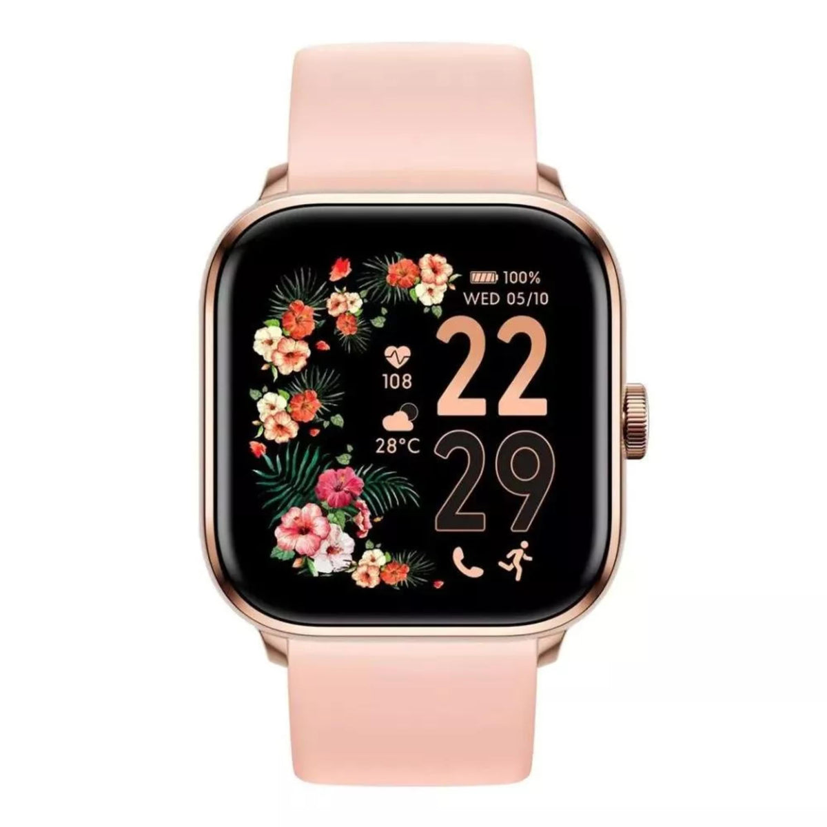 Nude silicone strap smartwatch, rose gold frame, black screen with flower graphics and time