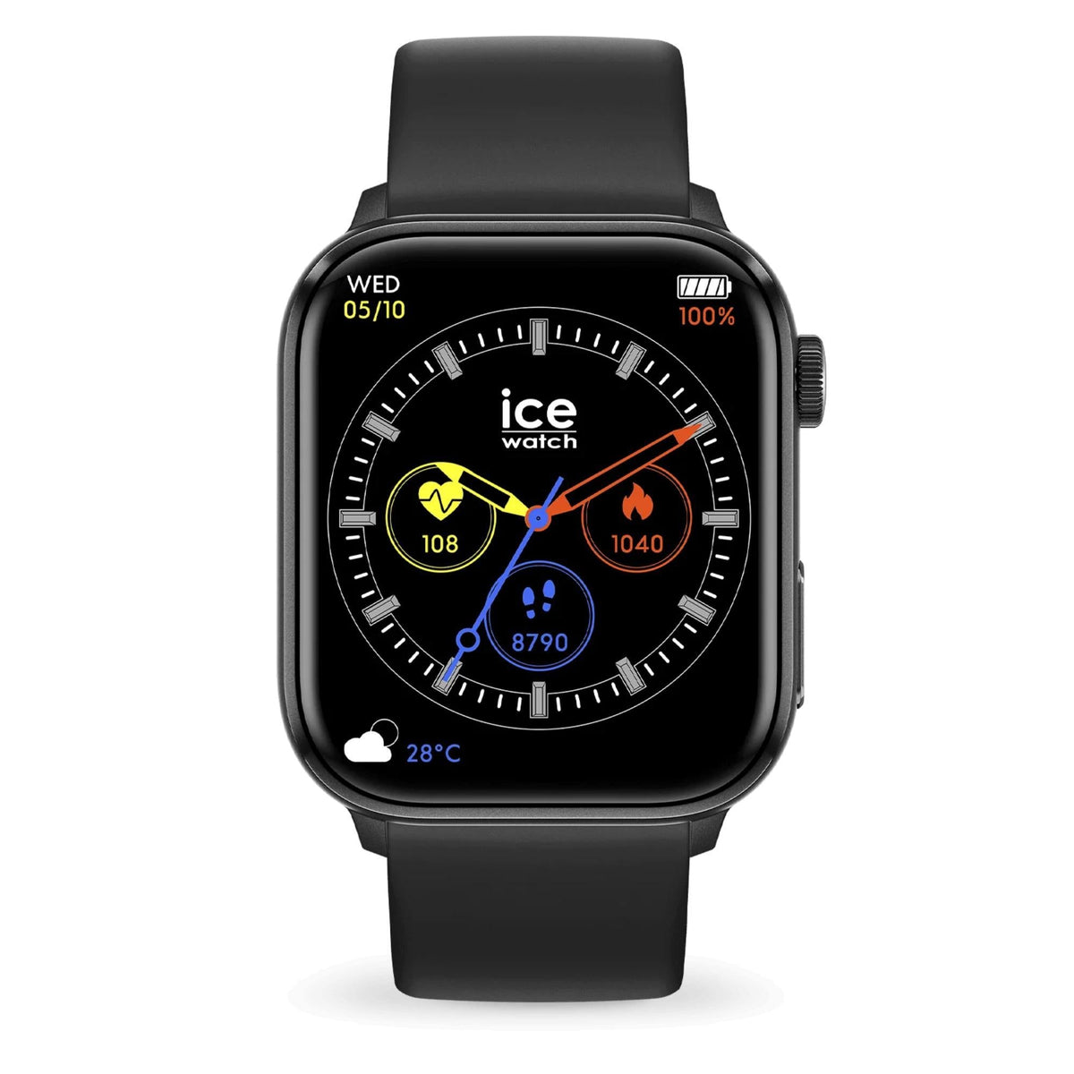 Black AMOLED smartwatch, black silicone strap, WED 05/10 and 100% indicators on dial
