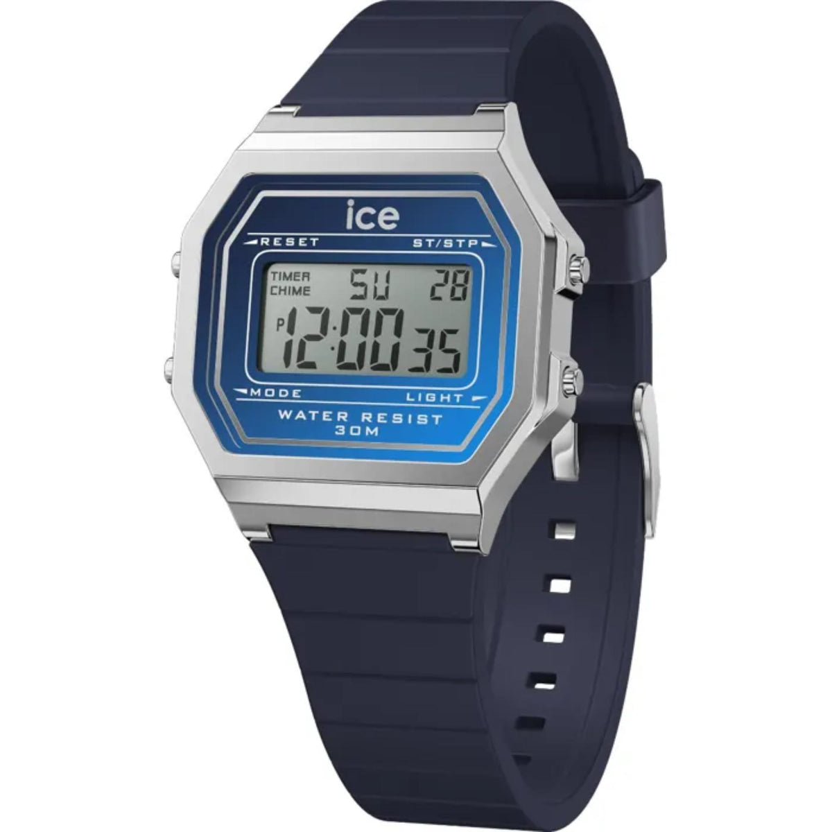 Small digital watch, navy rubber strap and silver bezel, right-side buttons visible