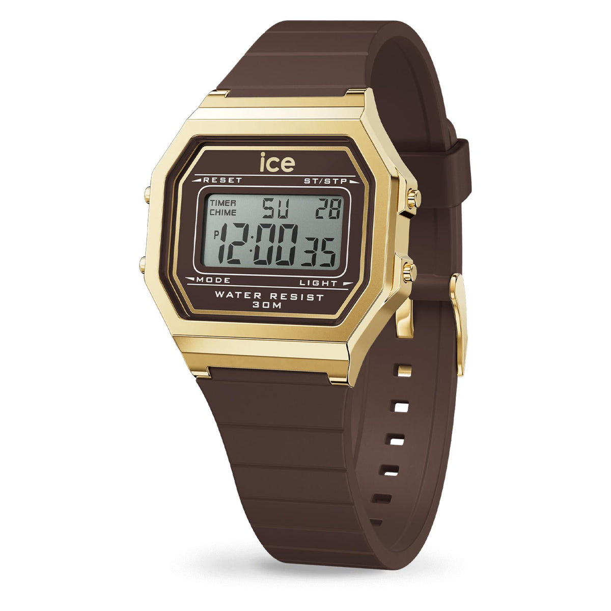 Gold-tone digital wristwatch with brown dial and dark brown silicone strap, front view