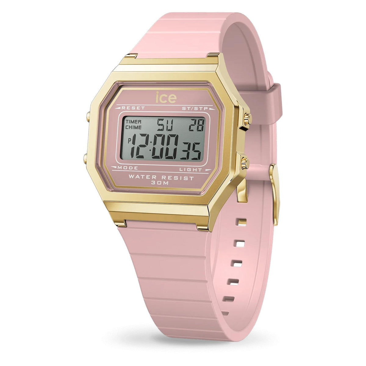 ICE digital watch front view, pink silicone strap and gold-tone octagonal LCD display