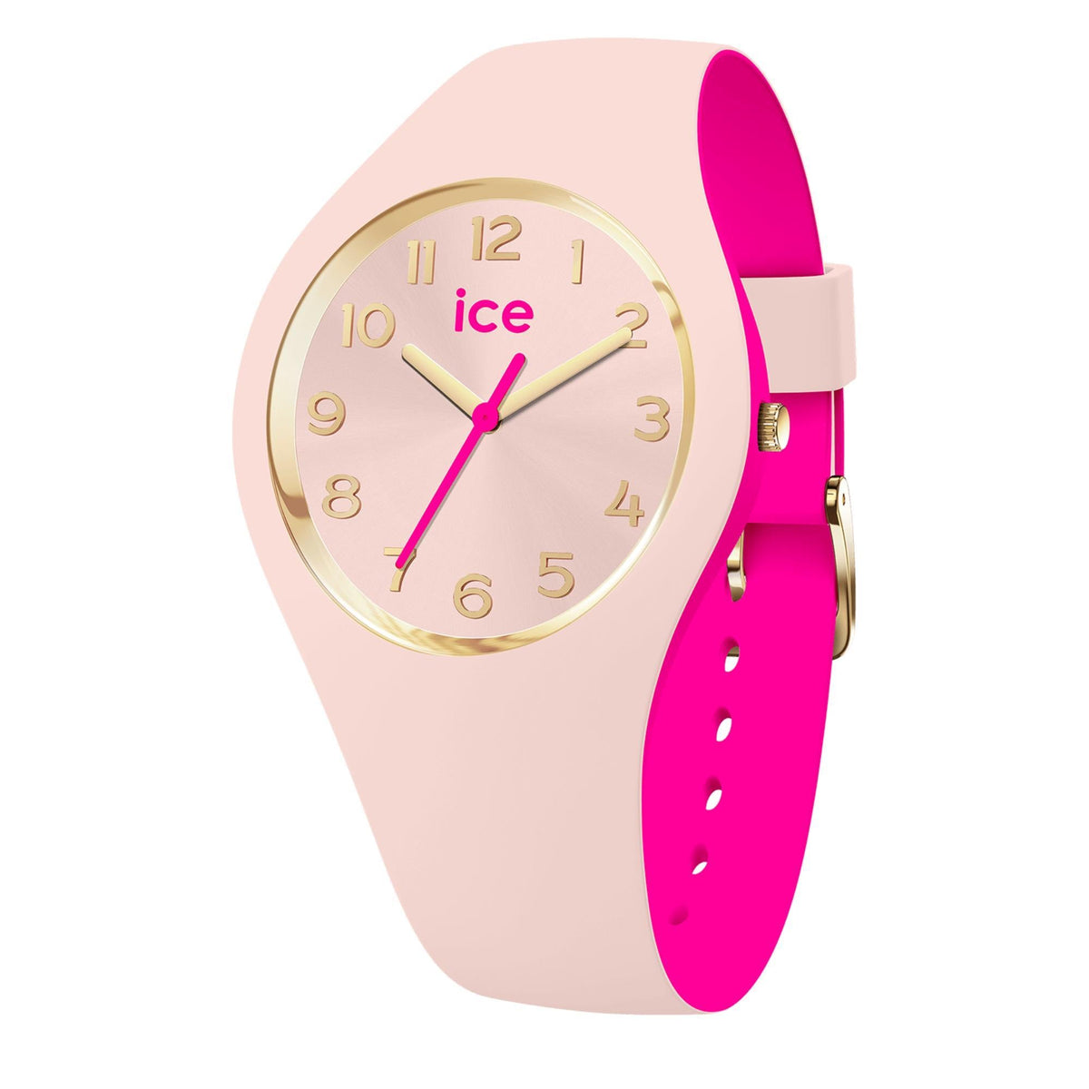 Women’s analog wristwatch with pink dial, gold-tone bezel, and magenta silicone strap