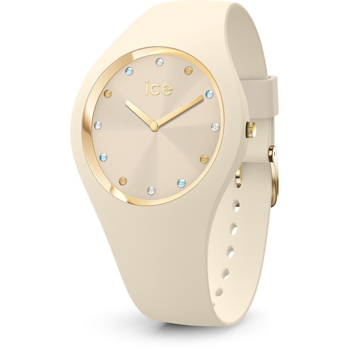 Women’s quartz watch, vanilla strap with perforations, gold dial and blue gem markers