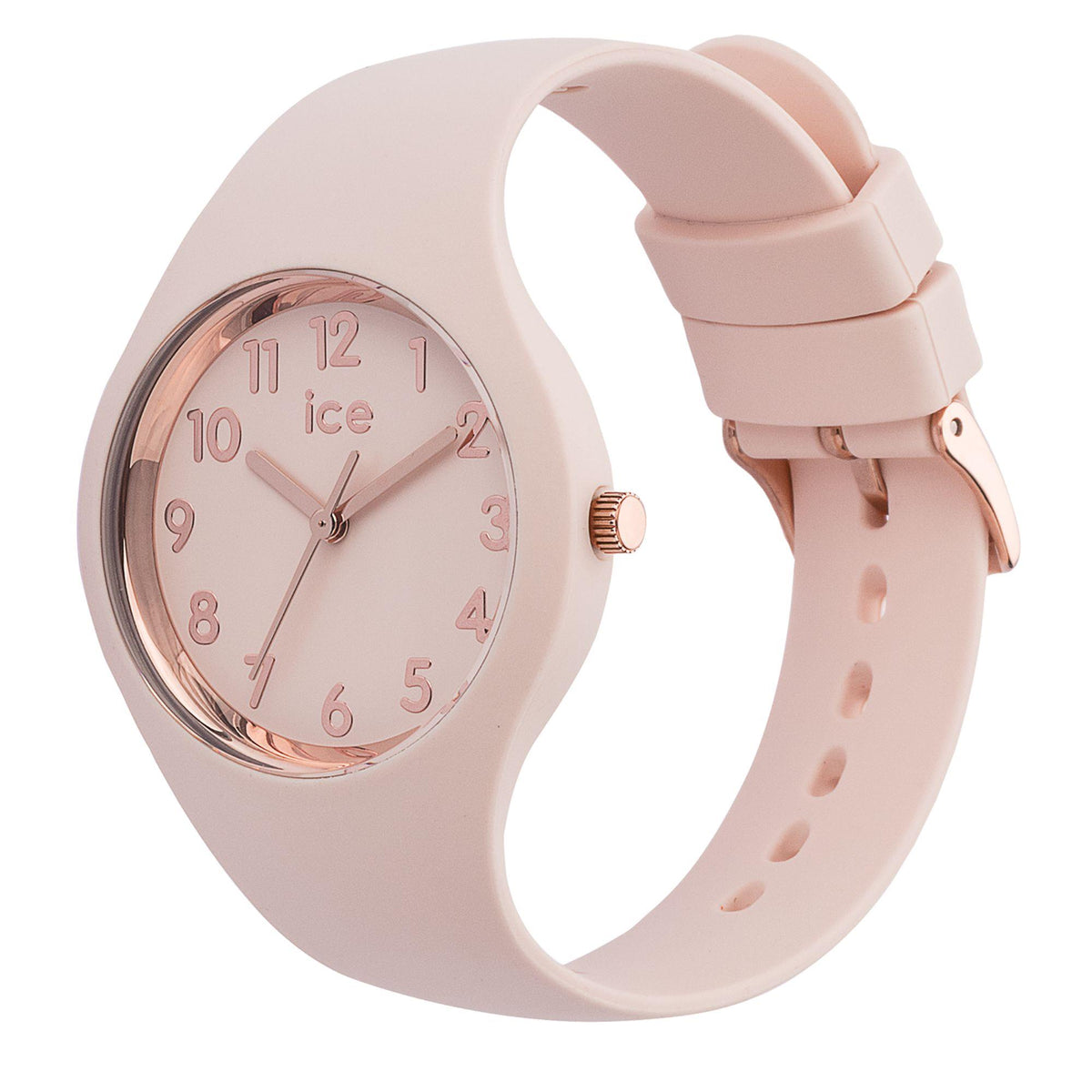 ICE Watch ICE Glam pink dial watch with pink silicone strap and rose-tone crown.