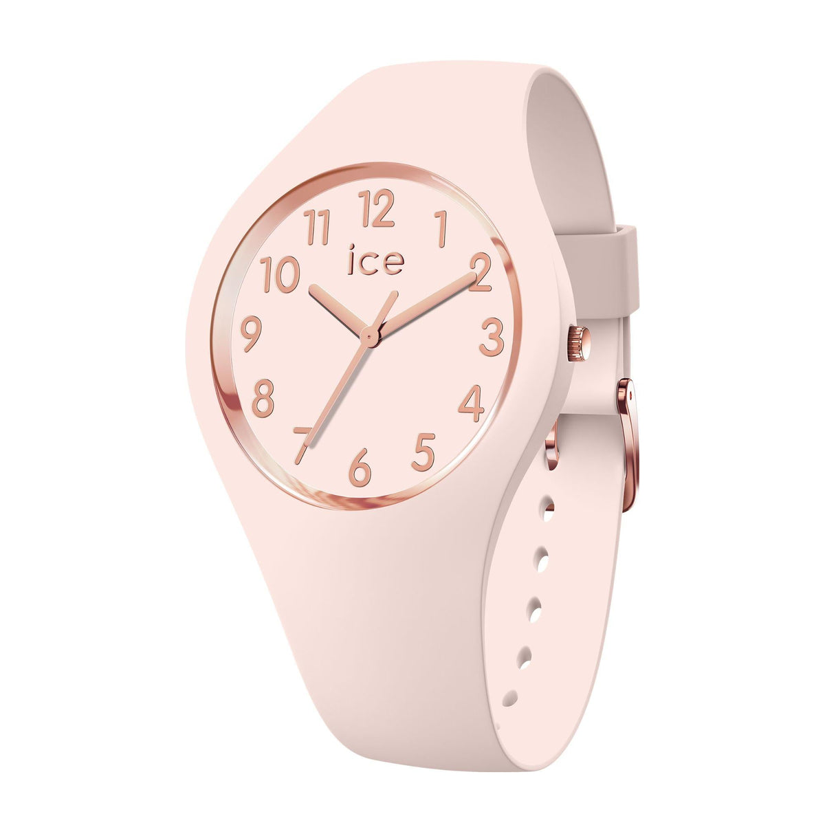 ICE Watch ICE Glam pink dial silicone strap watch front view with round rose-tone bezel.