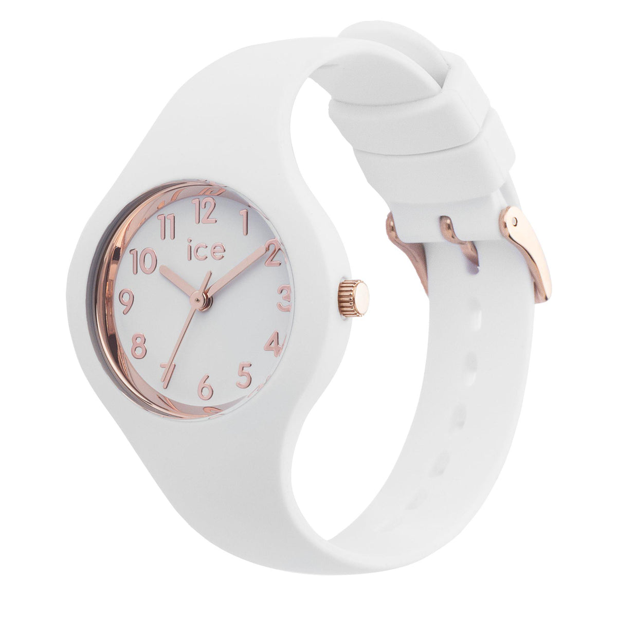 ICE Watch white silicone strap watch, angled view showing rose-gold crown and dial