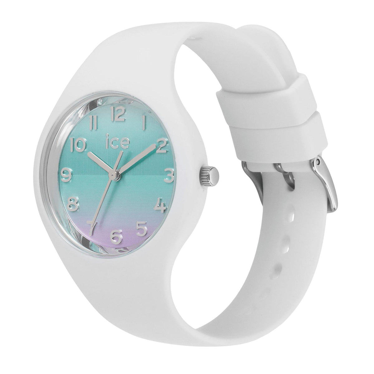 White silicone strap watch with turquoise dial and purple numerals, silver-tone case