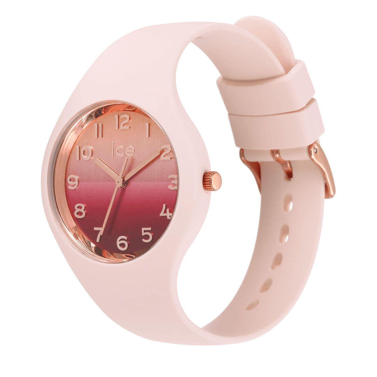 Nude gradient dial silicone strap watch with rose-gold hour markers and three hands