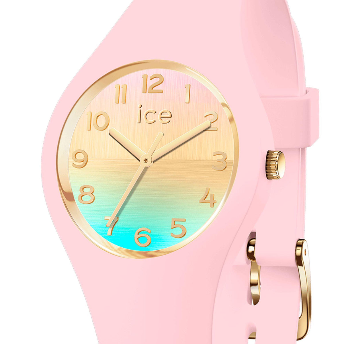 Round gold case watch with nude-to-blue gradient dial and pink silicone band