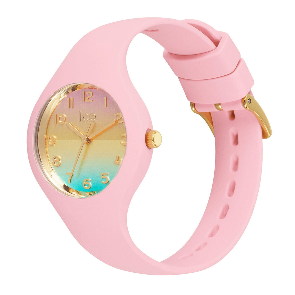 Pink silicone strap watch with gold case and gradient dial, angled side view