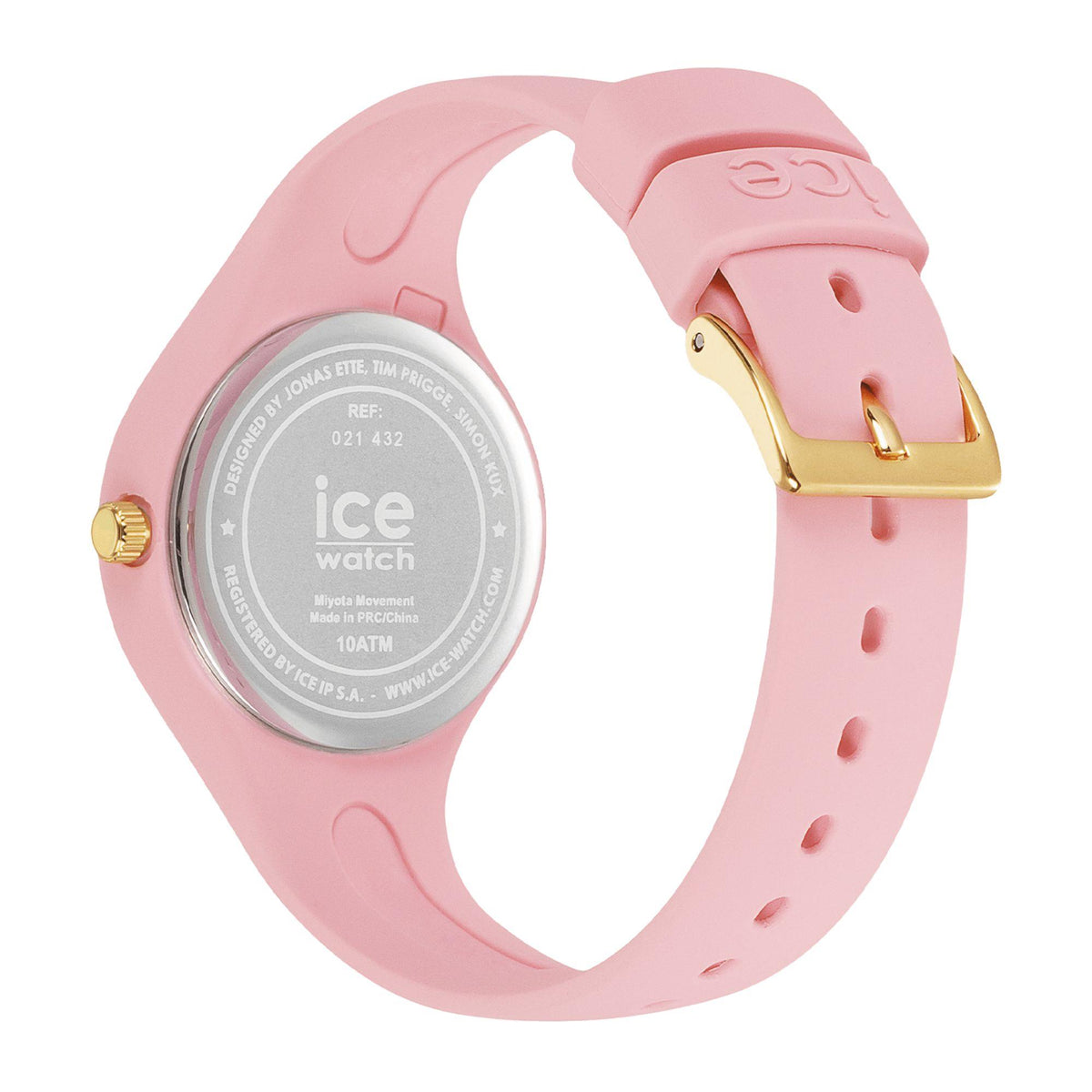 Pink silicone strap watch with ICE watch engraved case back and gold-tone crown