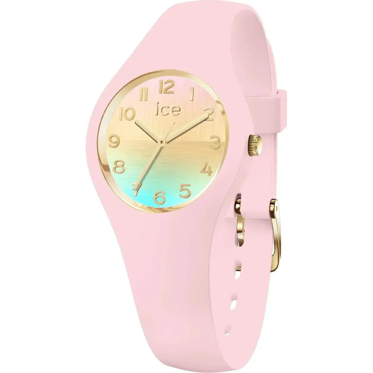 Pink silicone strap watch with gold case and nude-to-blue gradient dial