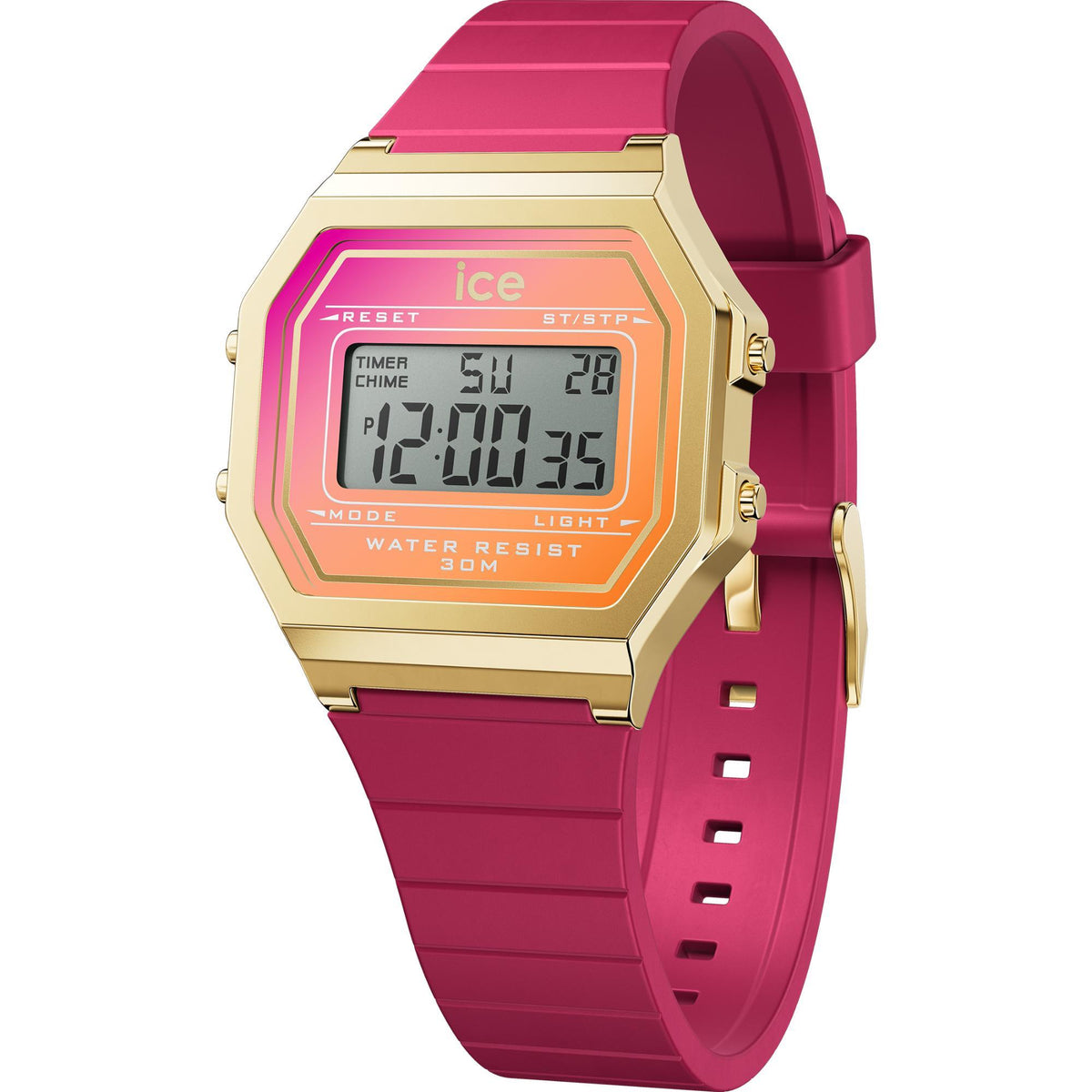 Fuchsia silicone digital women's watch with octagonal gold-tone case showing time and timer on LCD