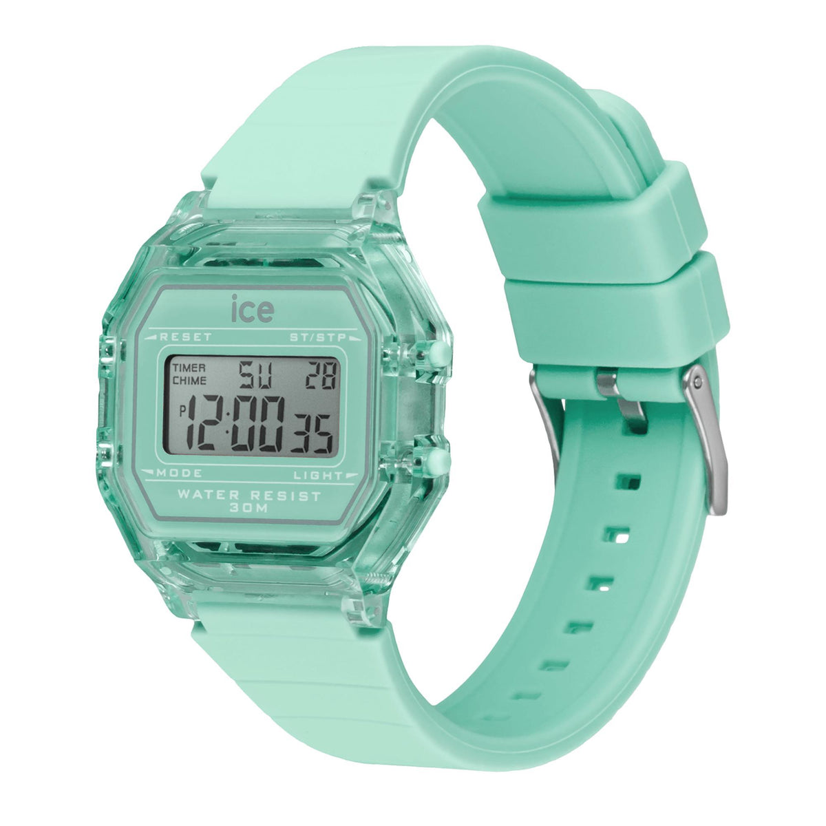 Mint green digital men’s watch with clear case, LCD display, and silicone band side view