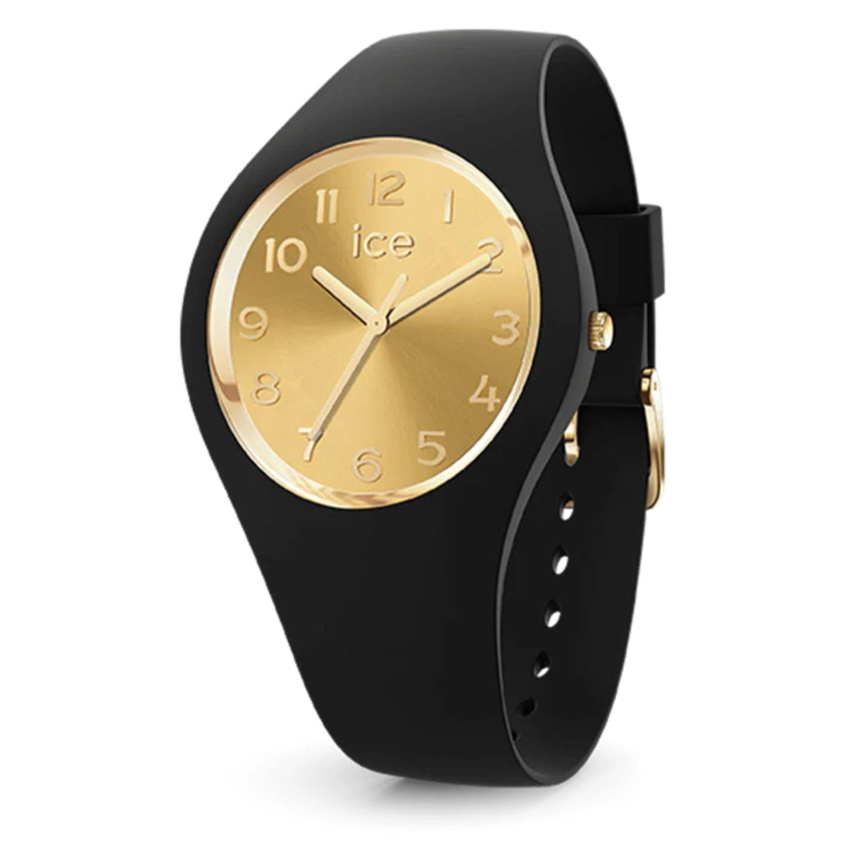 Black silicone analog women’s watch with gold dial, bezel edge detail and markers