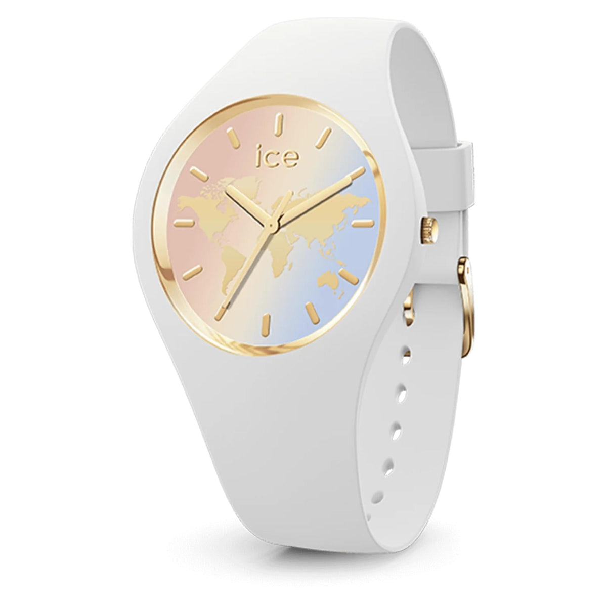 Women’s analog watch with white strap, gold hands and hour markers on gold dial