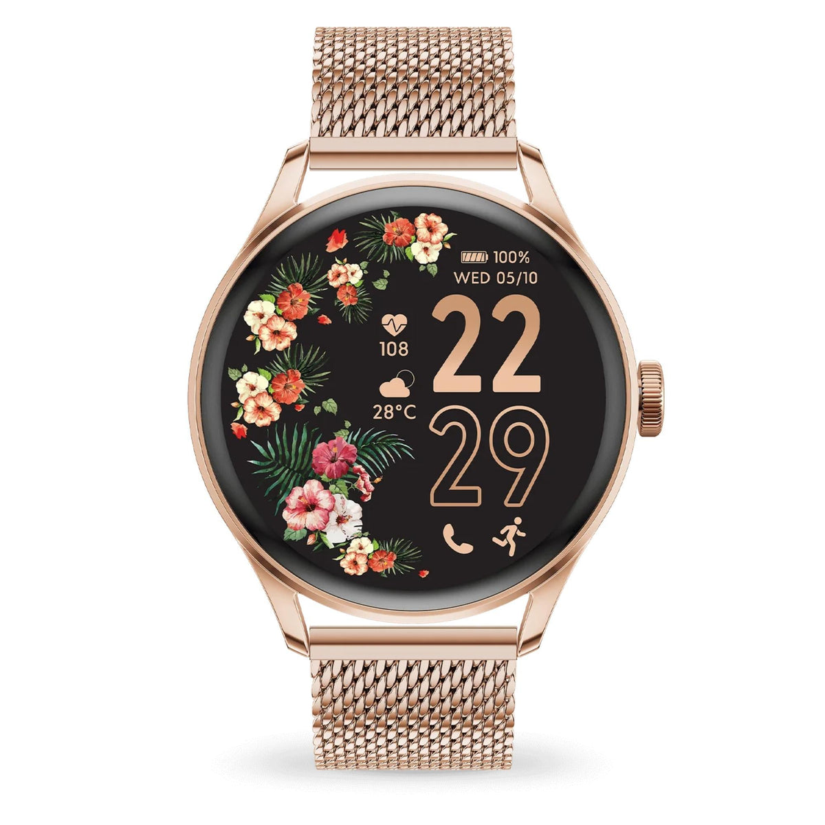 Rose gold smart watch with floral round AMOLED screen and rose-gold metal Milanese band