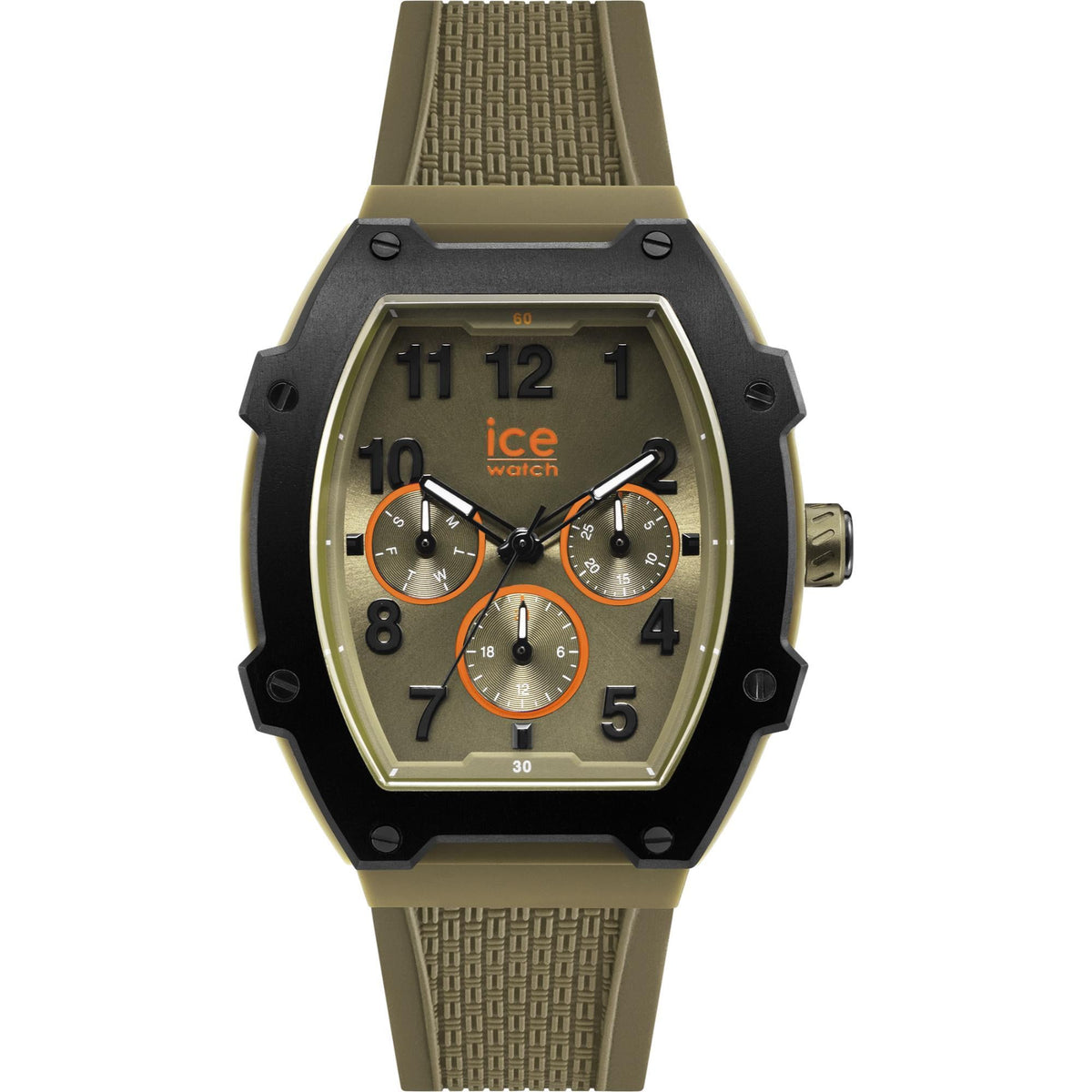 Women’s quartz watch with patterned olive plastic strap and green dial, orange subdials