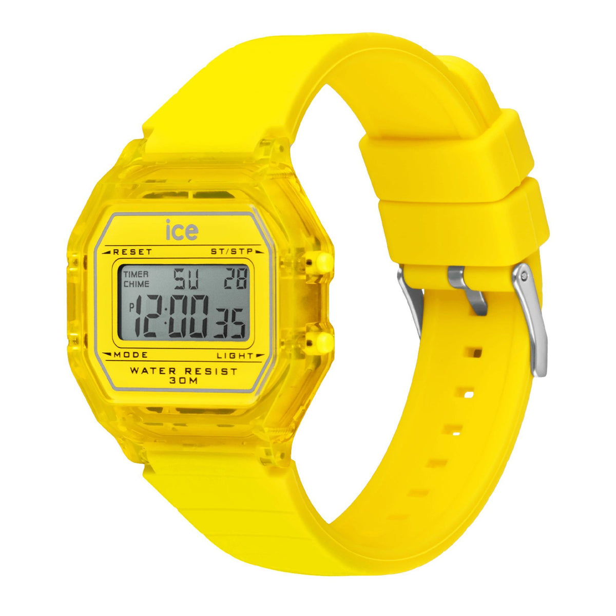 Yellow digital men's watch angled view with clear silicone strap and silver clasp.
